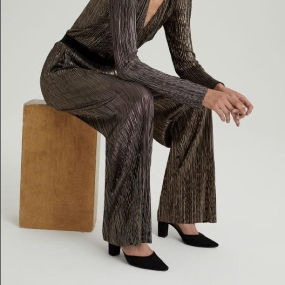 Pants - Plisse Metallic Wide Leg Sheer Trousers